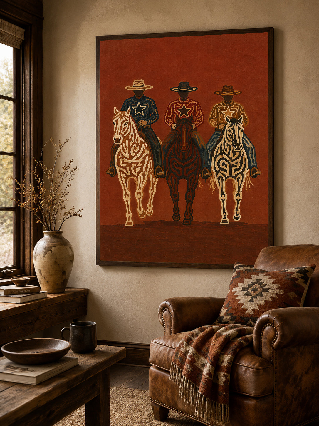 Vintage Three Cowboys Horse Painting, Western Ranch Riders, Rustic Southwestern Wall Art