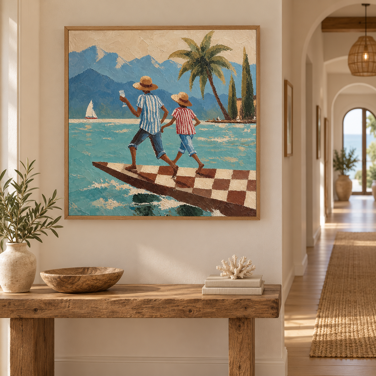 Figurative Beach Scene Hand-Painted Canvas Art With Mountains And Sailboat In Bright Blue Tones