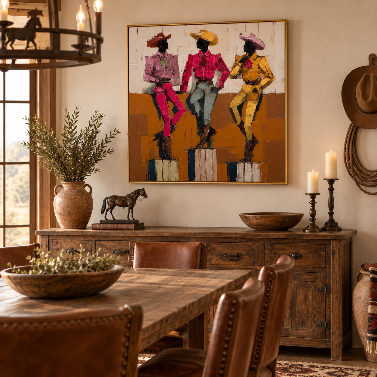 Hand-Painted Cowboy Group Canvas Art In Vintage Pink Yellow Blue Tones For Western Home Decor