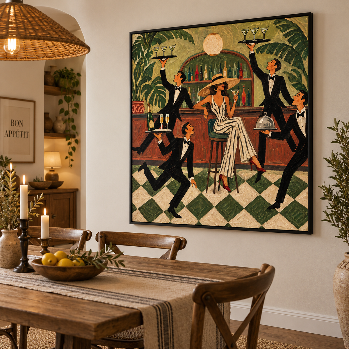 Vintage Cocktail Lounge Art With Lady And Waiters In Green Bar Scene Canvas Painting