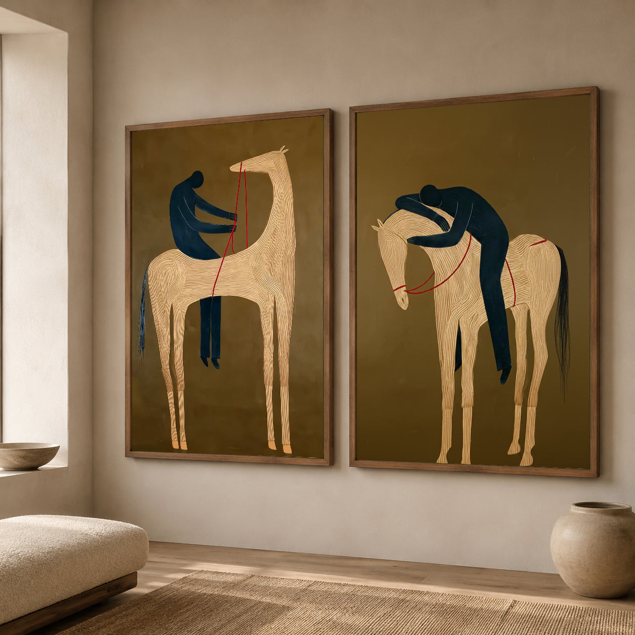 Original Equestrian Oil Painting Set Of Two With Green Background And Linear Horse Design