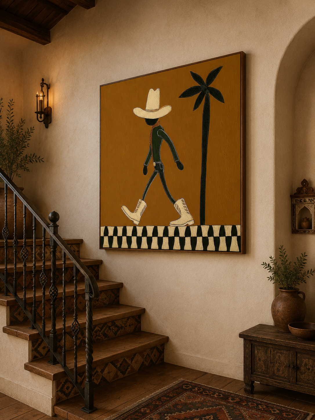 Vintage Cowboy Art With Palm Tree Minimalist Square Painting For Retro Home Decor