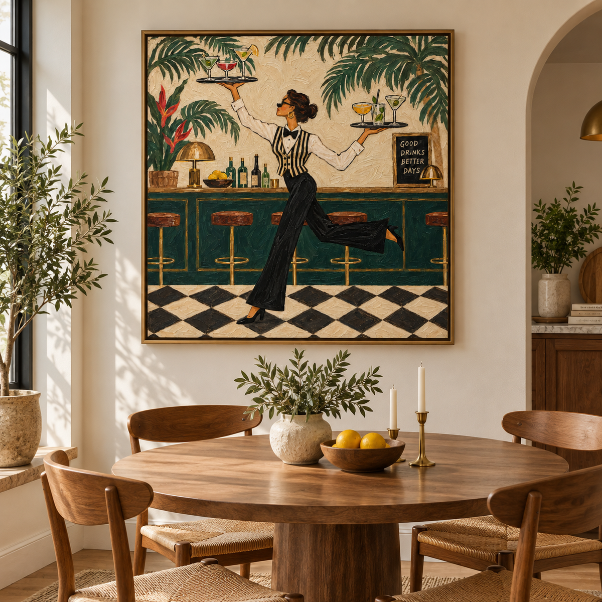 Stylish Bartender Canvas Painting With Cocktails And Tropical Plants For Home Bar Decor