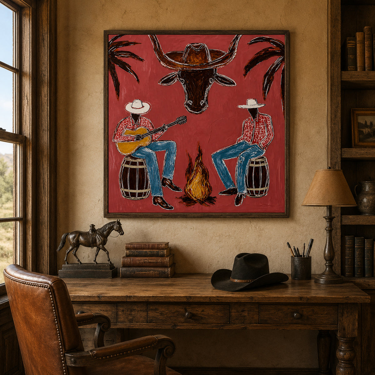 Cowboy And Longhorn Steer Canvas Painting With Campfire Scene Rustic Red Painting