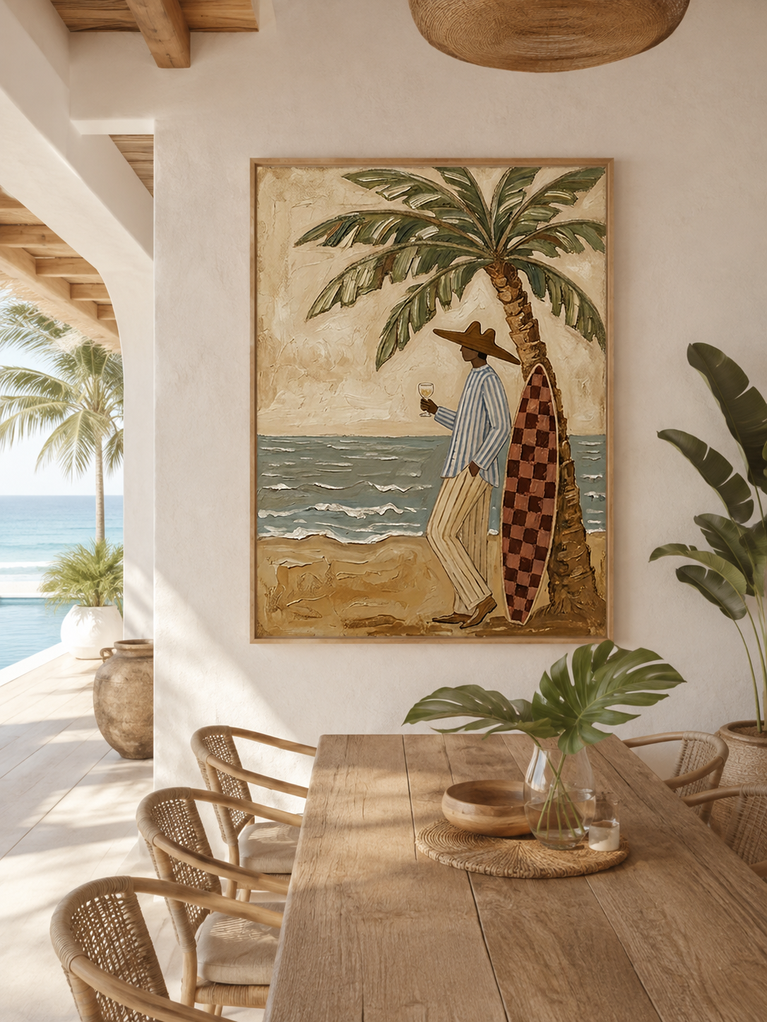 Textured Beach Canvas Art With Palm Tree And Surfer For Coastal Living Room Decor