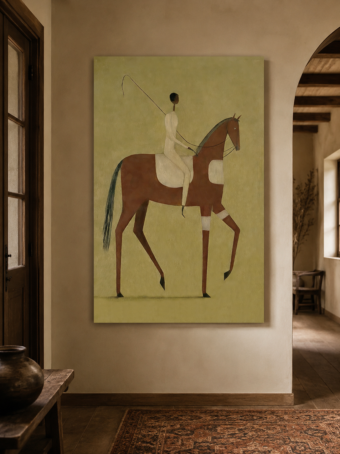 Wabi Sabi Style Rider On Horse Art Original Oil Painting With Olive Background