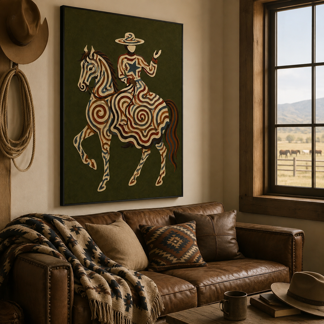 Vintage Cowgirl And Horse Painting Olive Green Wall Art For Living Room Decor