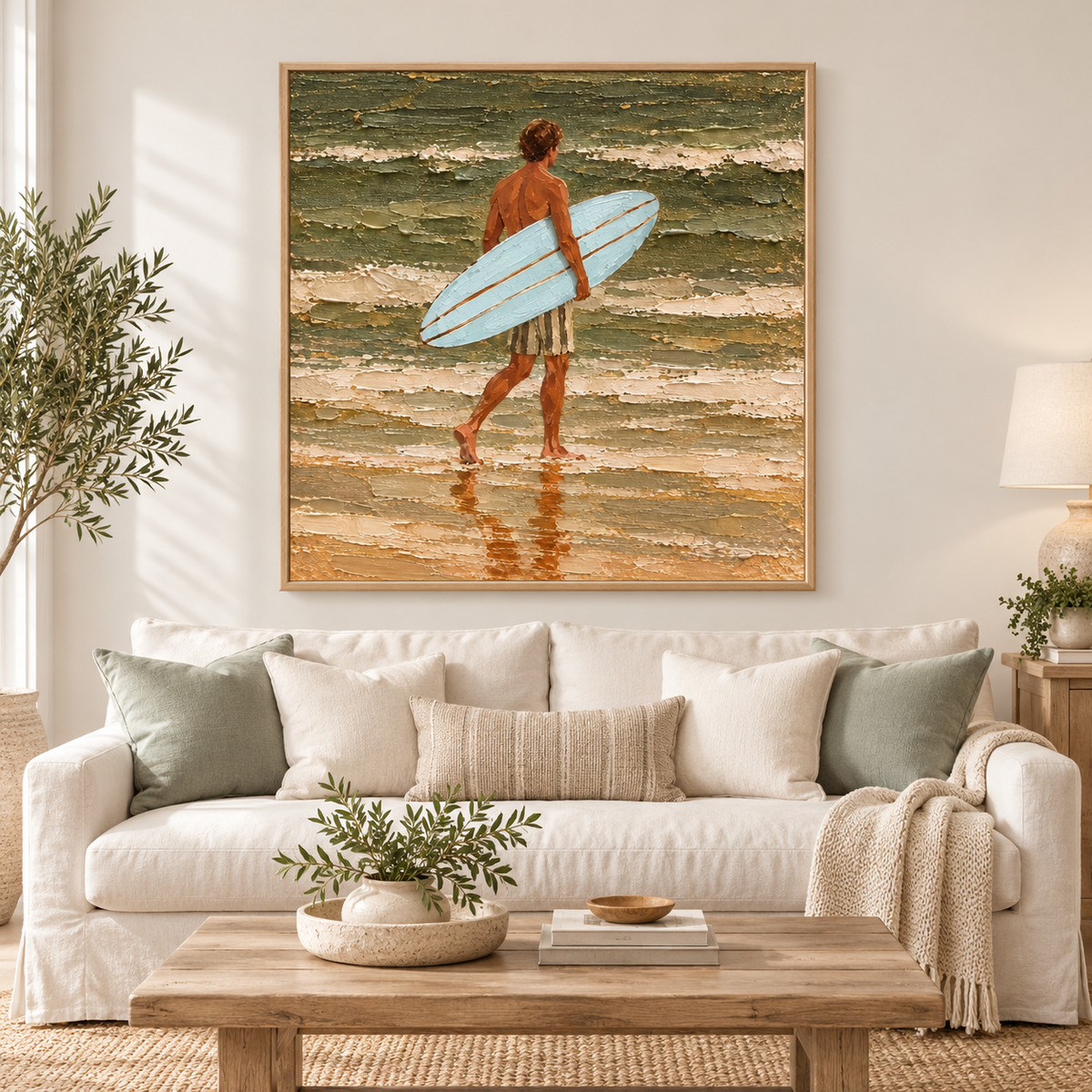 Blue Surfboard Canvas Art, Heavy Impasto Ocean Waves Painting, Coastal Beach House Wall Decor