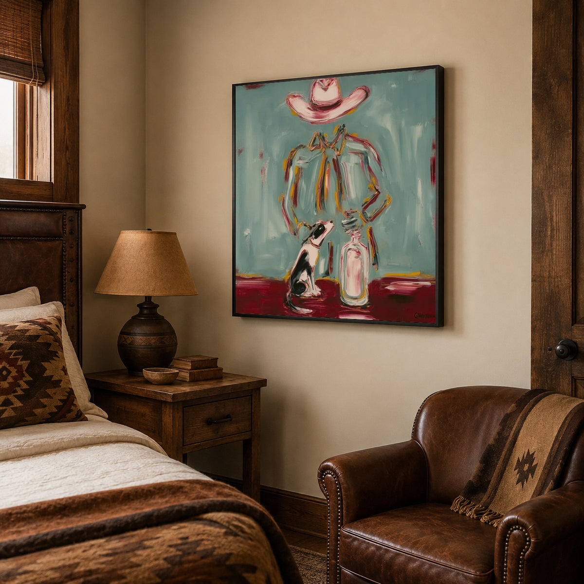 Whimsical Cowboy And Dog Canvas Art, Pink Hat Western Wall Decor, Teal Countryside Painting