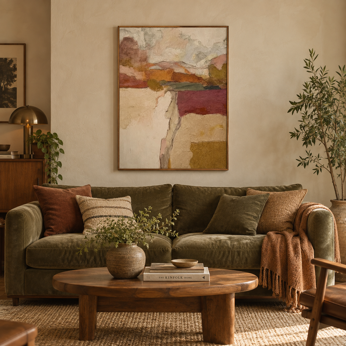 Abstract Landscape Canvas Painting With Olive Green And Earth Tones For Modern Wall Art