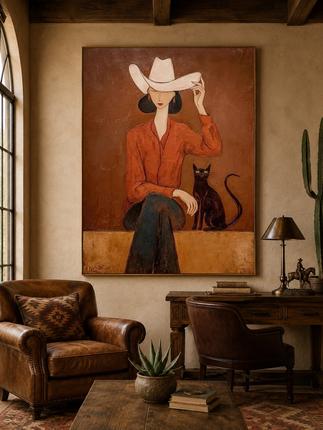Modern Western Woman Oil Painting With Black Cat In Earthy Tones For Living Room Decor