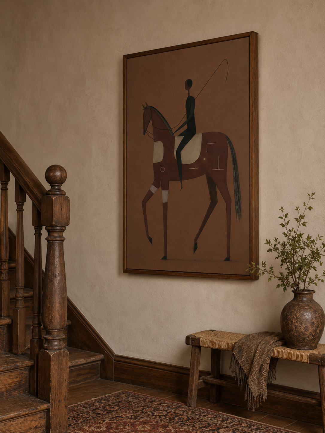 Minimalist Horse And Rider Painting Brown Earth Tones Original Oil Art