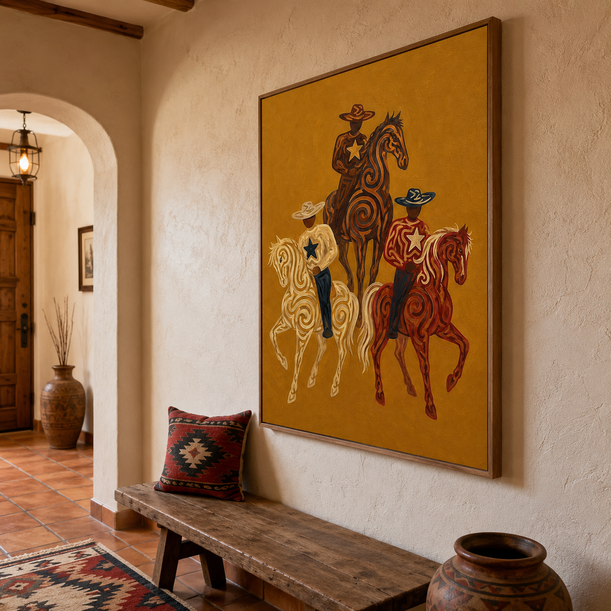 Western Cowboy Horse Oil Painting, Mustard Southwestern Wall Art, Hand Painted Ranch Decor