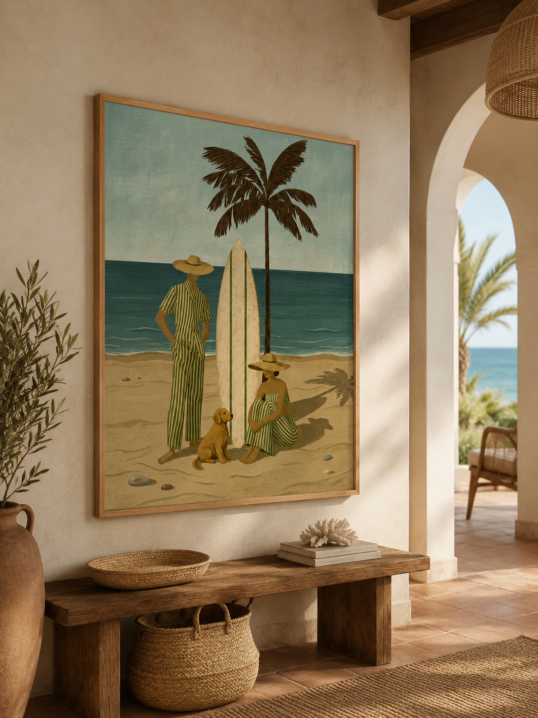 Vintage Surfboard Dog Painting For Coastal Living Room Retro Beach Wall Art