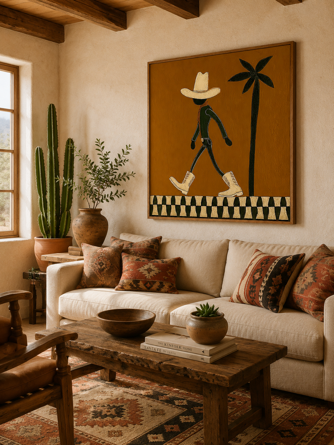 Vintage Cowboy Art With Palm Tree Minimalist Square Painting For Retro Home Decor
