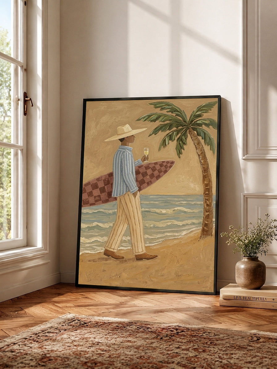 Vintage Surfer With Wine Glass Painting For Coastal Home Decor