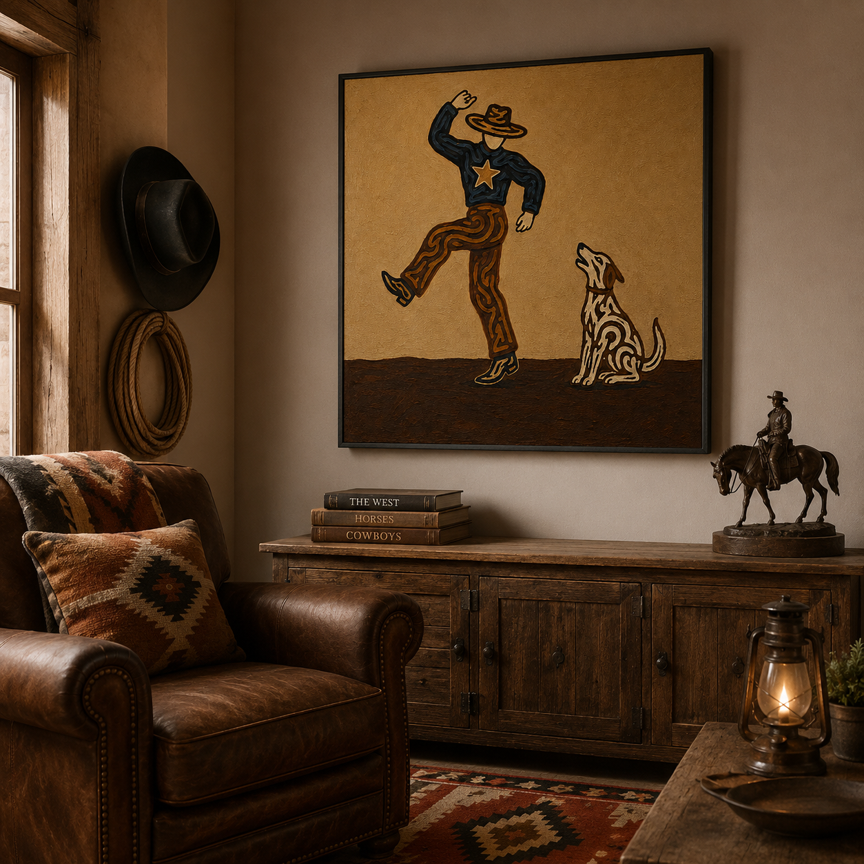 Dancing Cowboy And Dog Painting Retro Western Decor For Living Room