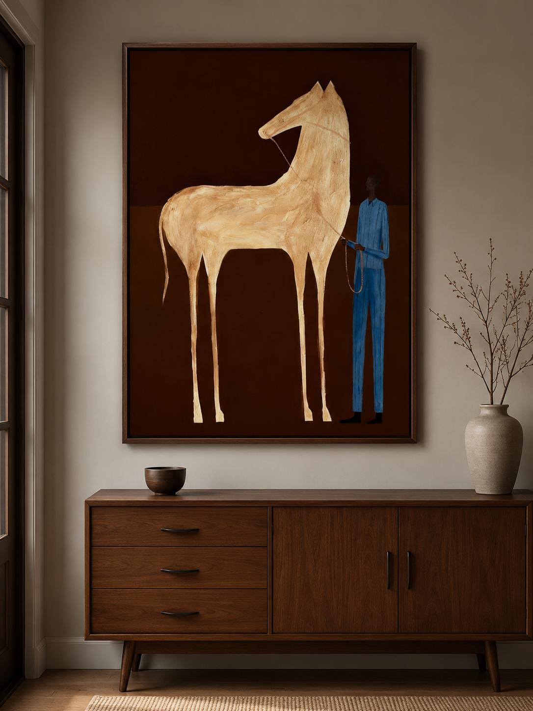Vintage Horse Artwork Elongated Figure Painting Brown Beige Wall Decor