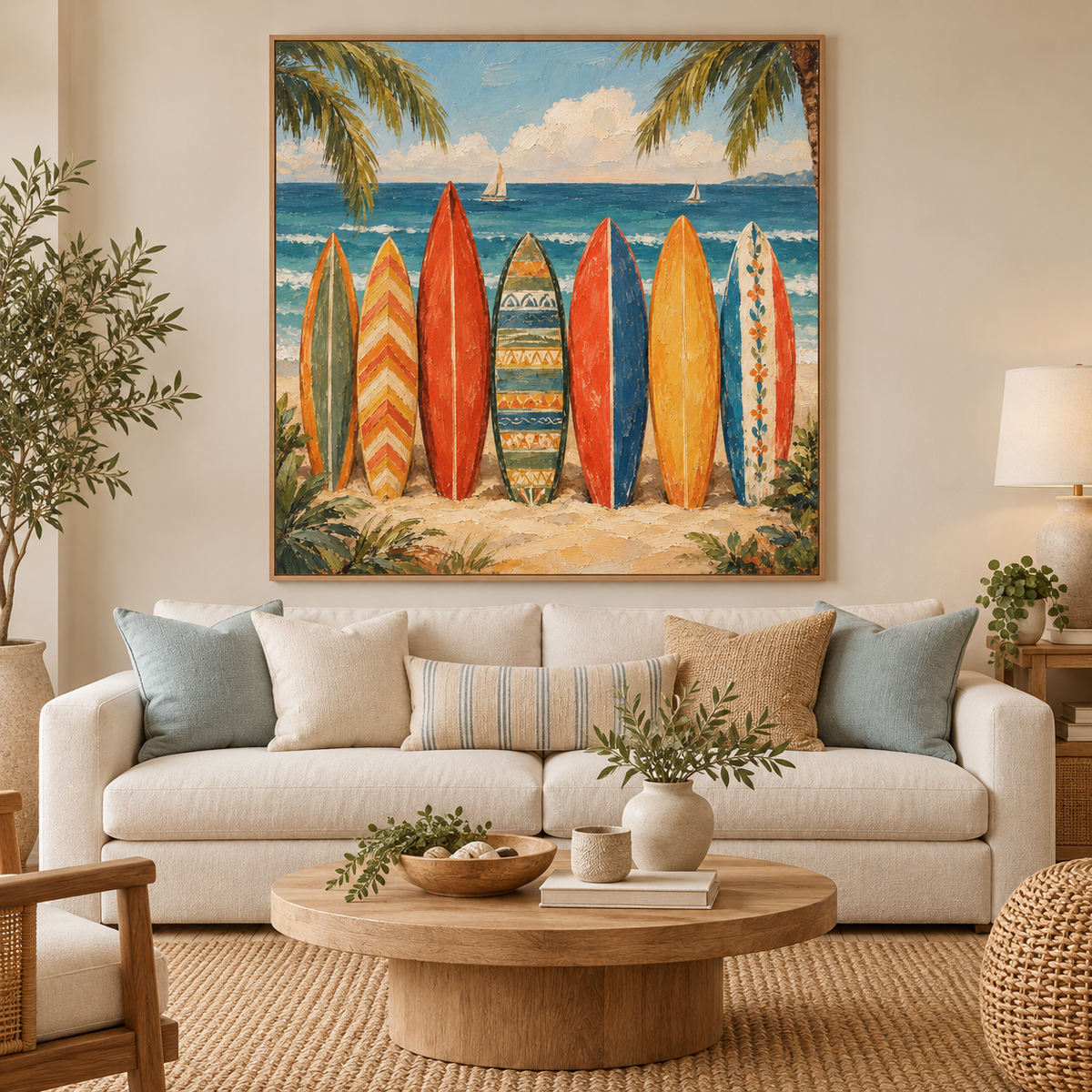 Colorful Vintage Surfboard Wall Art, Colorful Beach Oil Painting, Retro Boho Coastal Canvas