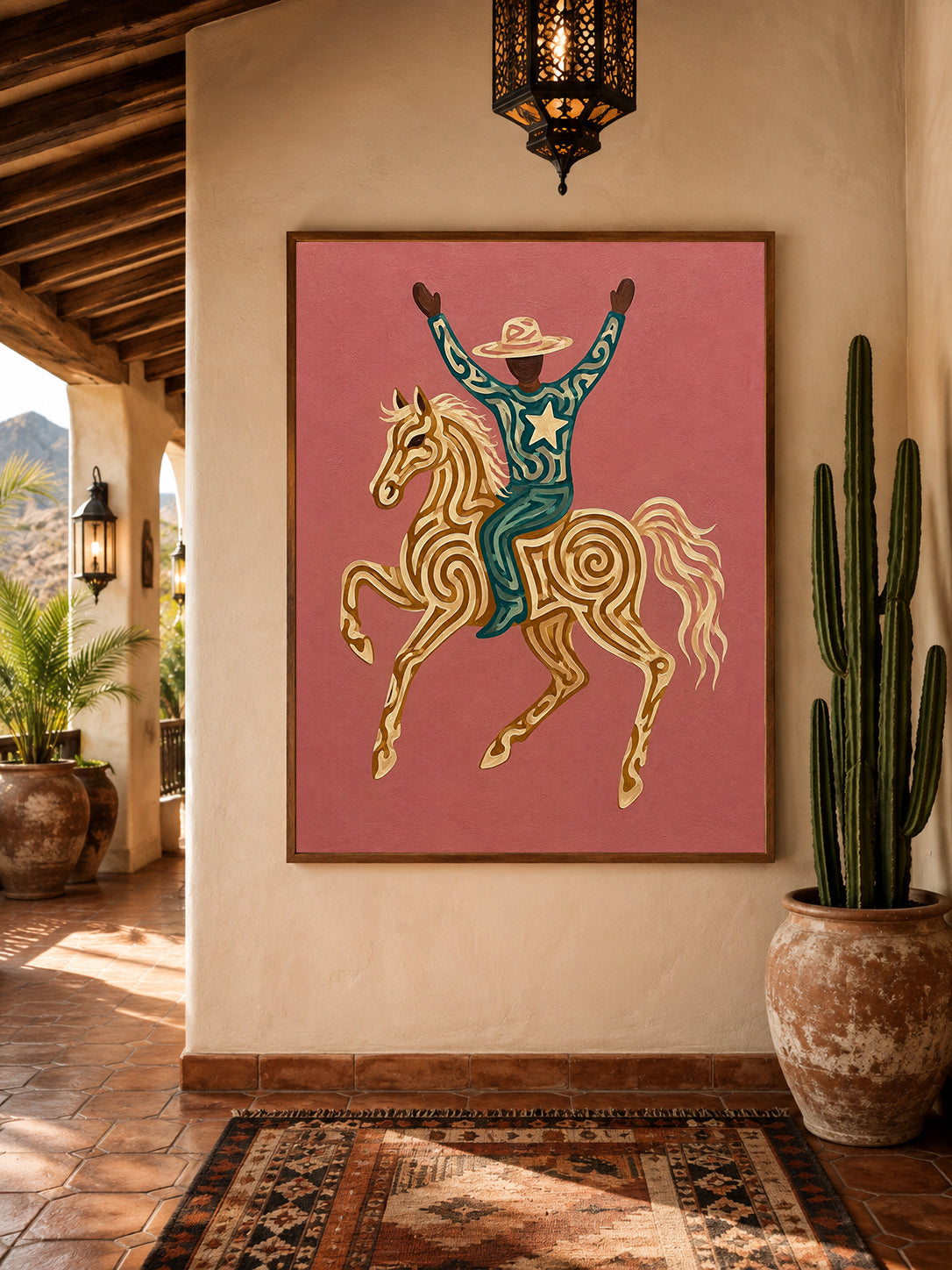 Modern Western Wall Art, Cowboy On Horse Canvas , Pink Background Wild West Painting