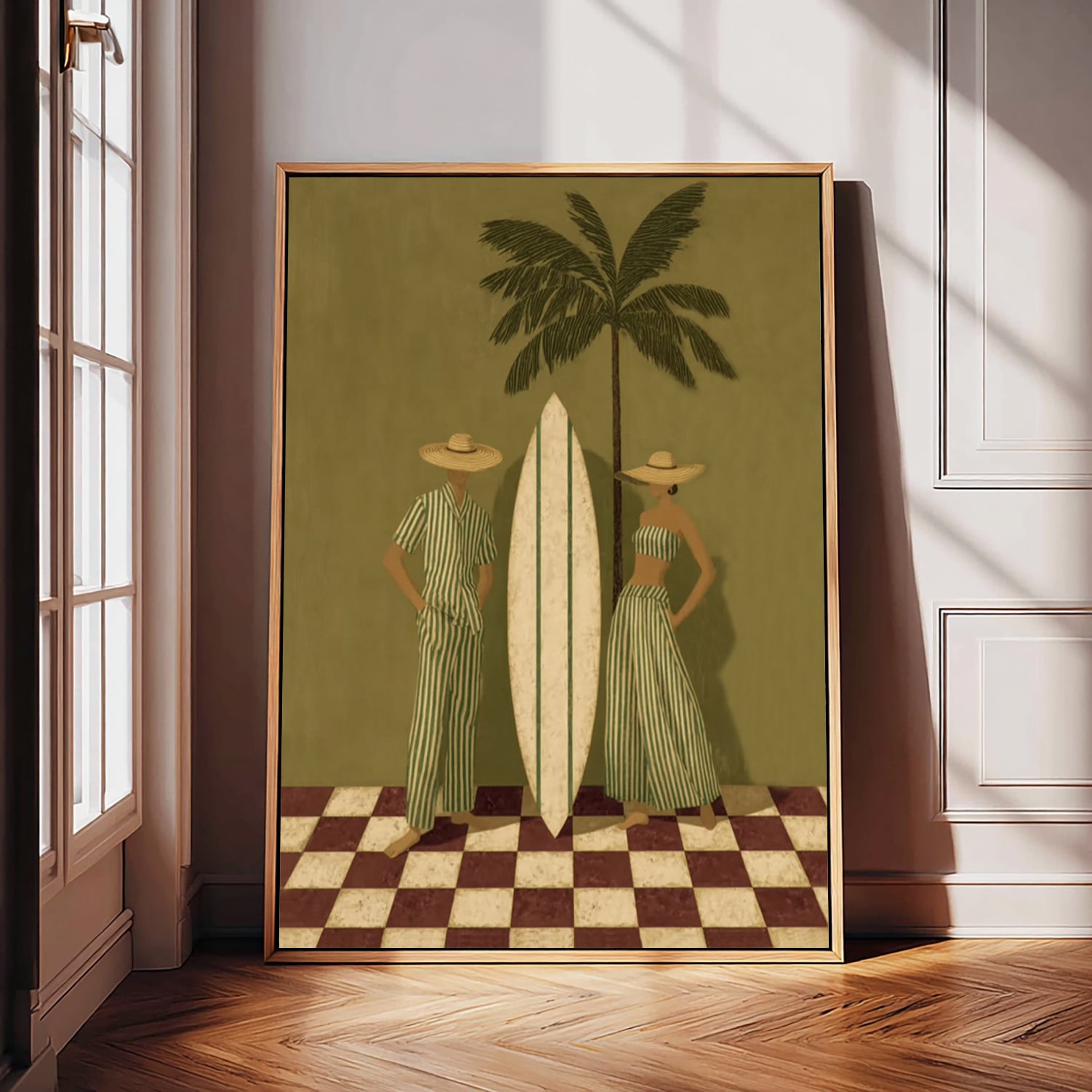 Vintage Green Stripe Beach Art With Palm Tree And Surfboard For Coastal Living Room Wall Decor