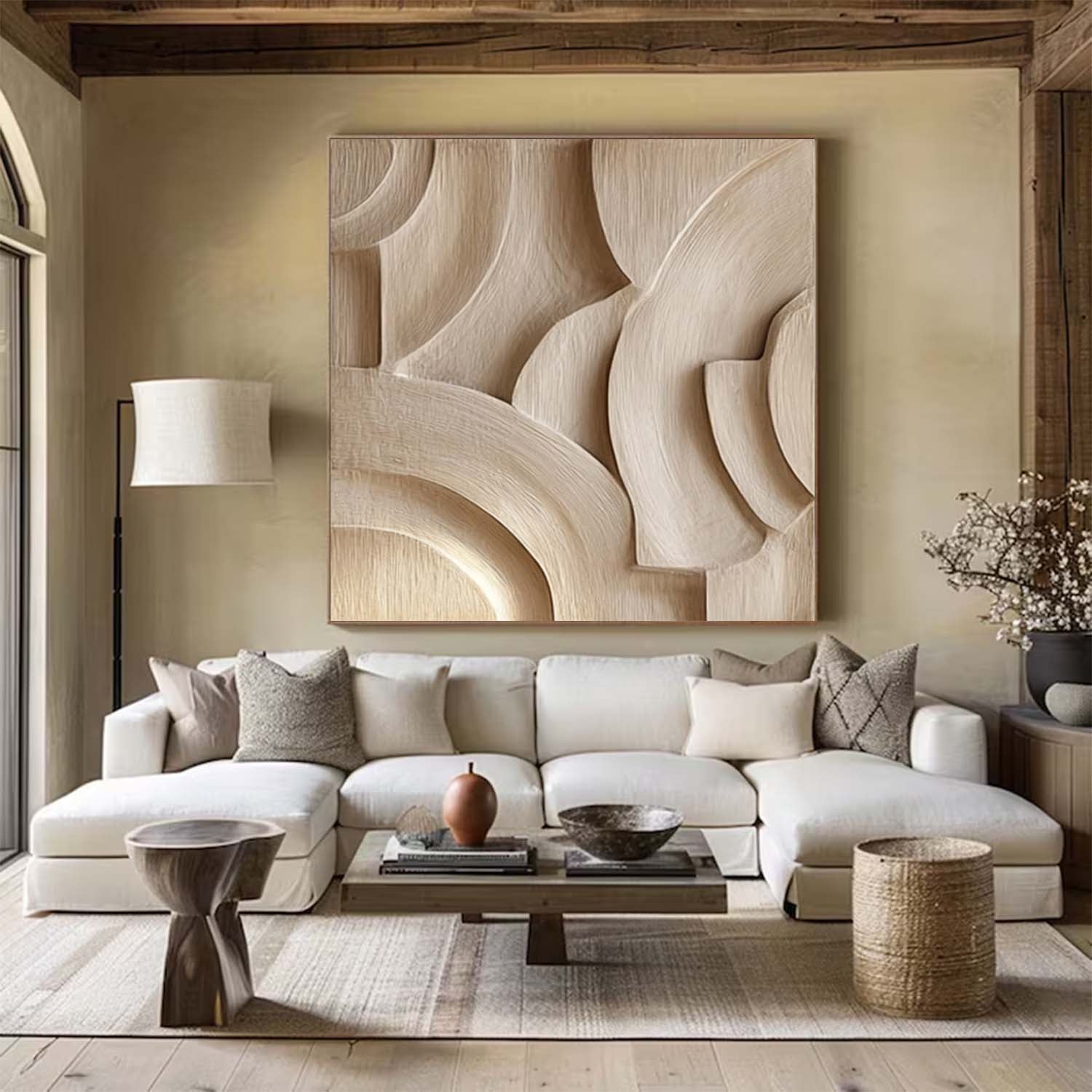 Beige Sculptured art Beige Wood carving wall art Textured Wall Decor