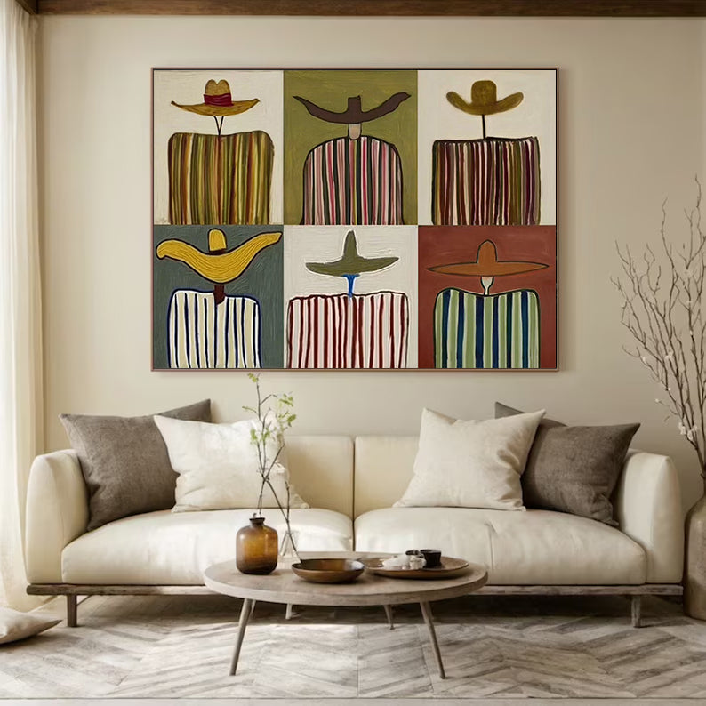 Modern Abstract Grid Oil Painting - Multi-Panel Style Hand-Painted Figures in Hats