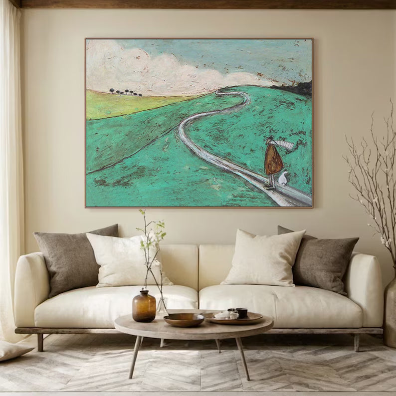 Modern Landscape Oil Painting, Whimsical Man and Dog on Winding Road, Minimalist Green Nature Wall Art