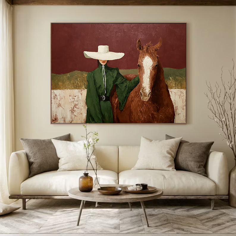 Modern Woman and Horse Painting Earthy Tones Boutique Hotel Art  