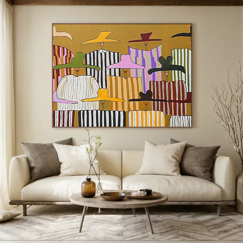 Large Abstract Pop Art Oil Painting for living room- Colorful Chic Ladies in Sun Hats 