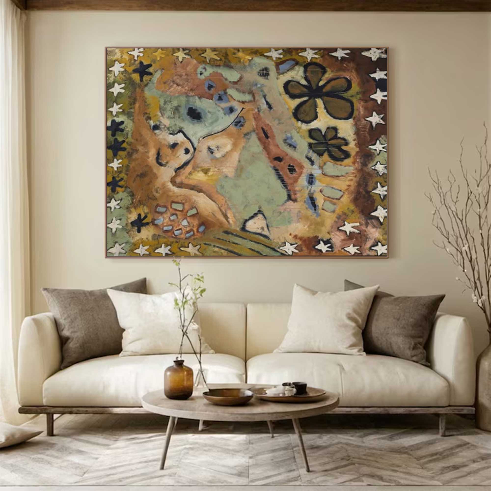 Brown graffiti art brown pop abstract art Earth-toned floral painting