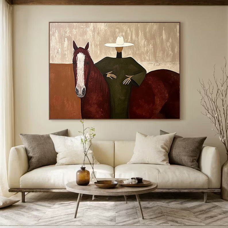 Modern Woman and Horse Painting Wabi-sabi Luxury Living Room Decor