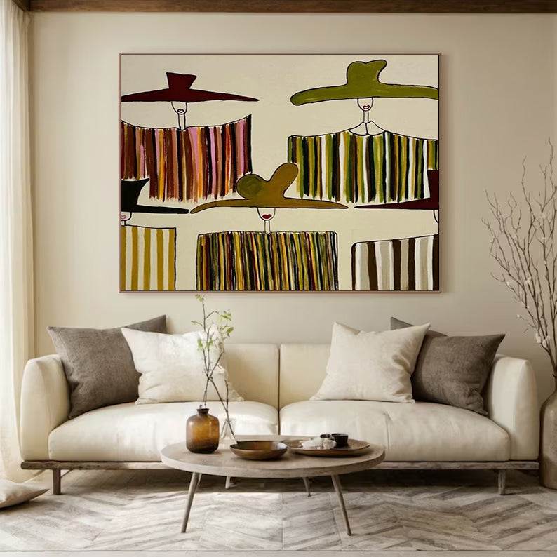 Hand-painted textured women in hats painting Minimalist olive green abstract figurative art