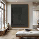 Black Sculptural Wall Art Wood Wall Sculpture Plaster Painting Black Texture 3D Wall Art 