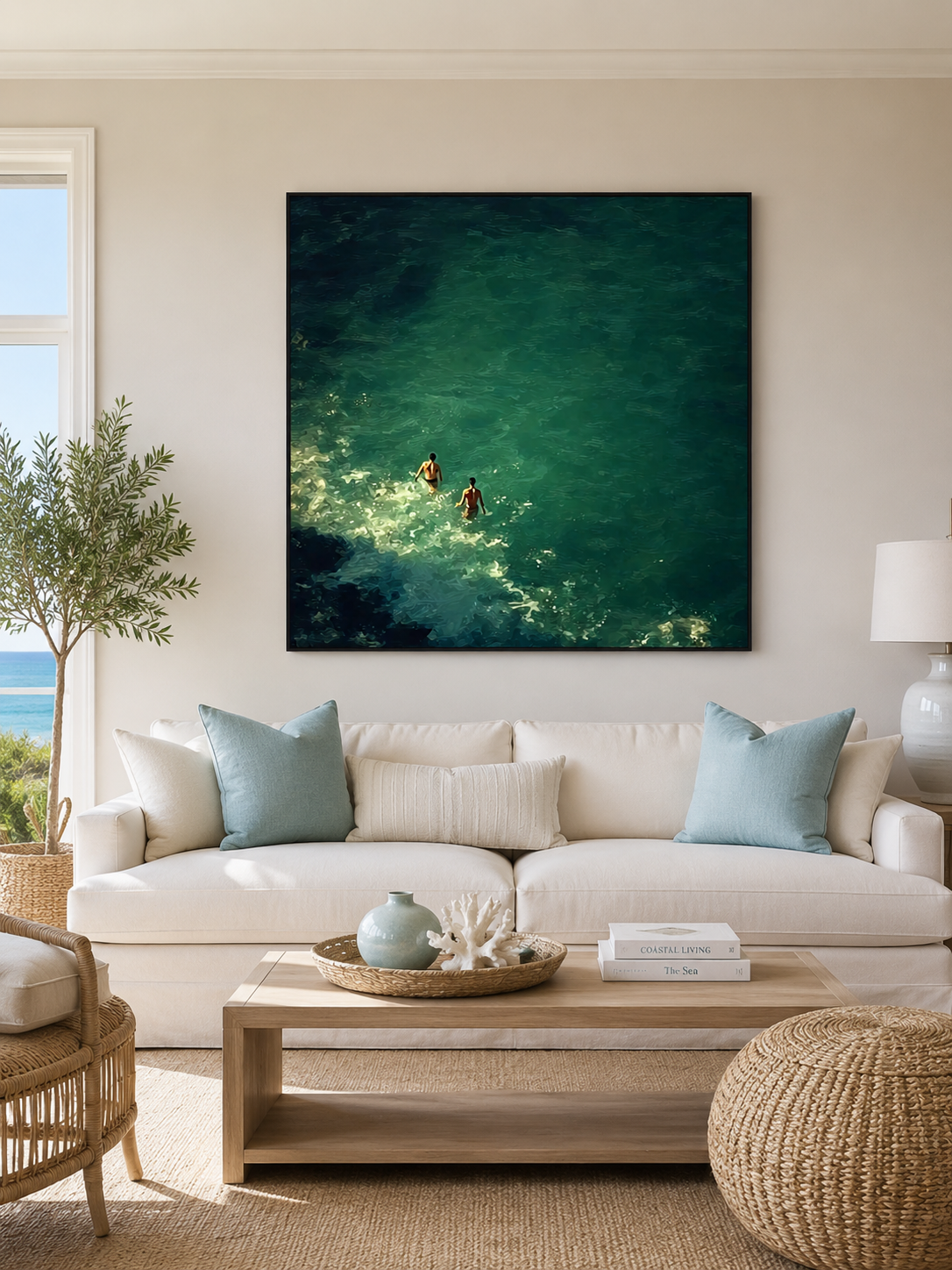 Emerald Green Ocean Painting Impressionist Swimmers Vintage Coastal Canvas Art For Living Room