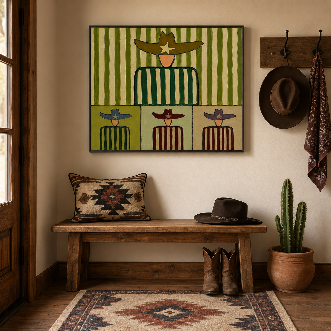 Whimsical Western Folk Art Painting With Cowboy Figures In Green Stripes For Modern Home Decor