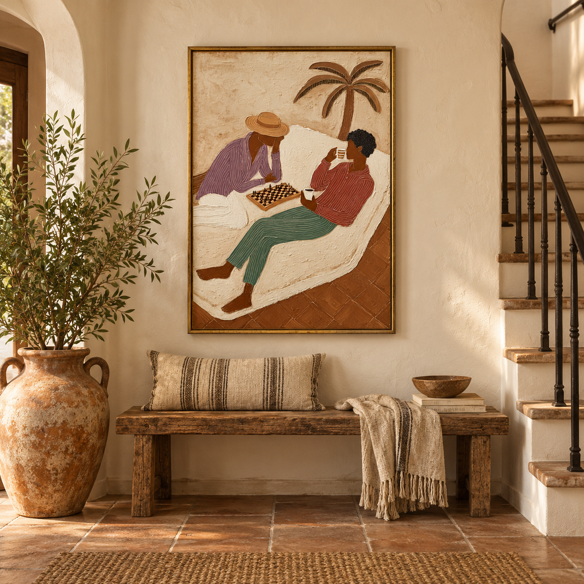 Figurative Chess Painting With Palm Tree And Coffee For Wall Decor