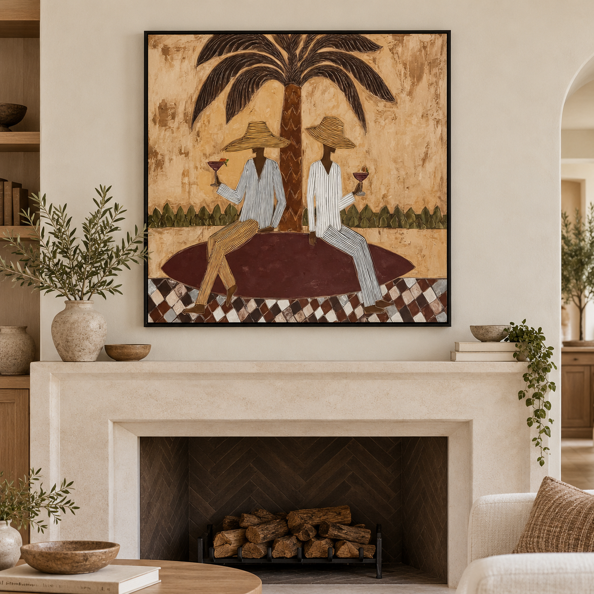 Retro Tropical Figurative Painting With Checkerboard Base Original Canvas