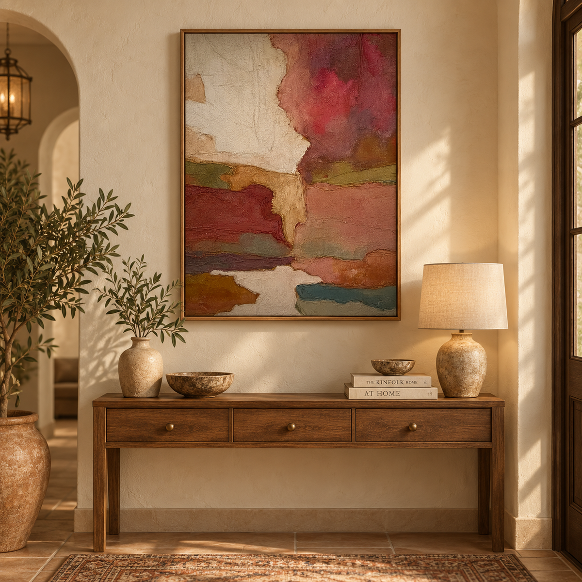 Earth Tone Art Vintage Terracotta Abstract Landscape Painting | Cream & Olive Organic Wall Art