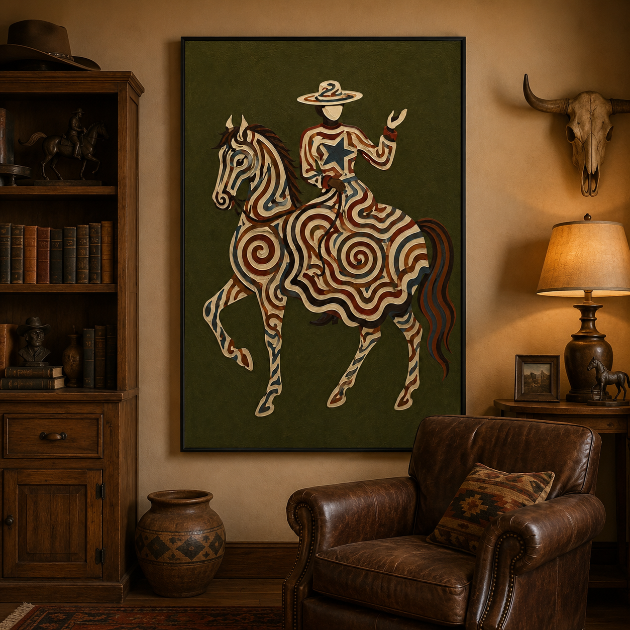 Vintage Cowgirl And Horse Painting Olive Green Wall Art For Living Room Decor