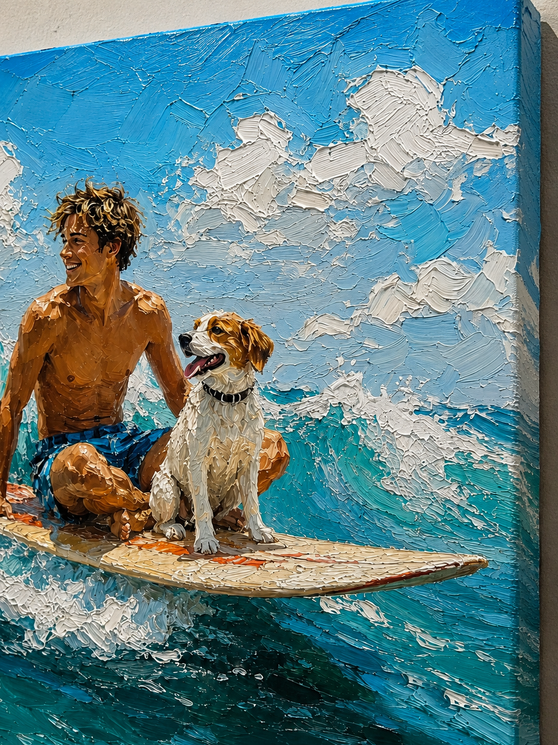 Textured Surfing Art With Dog For Modern Beach Home Decor Gift