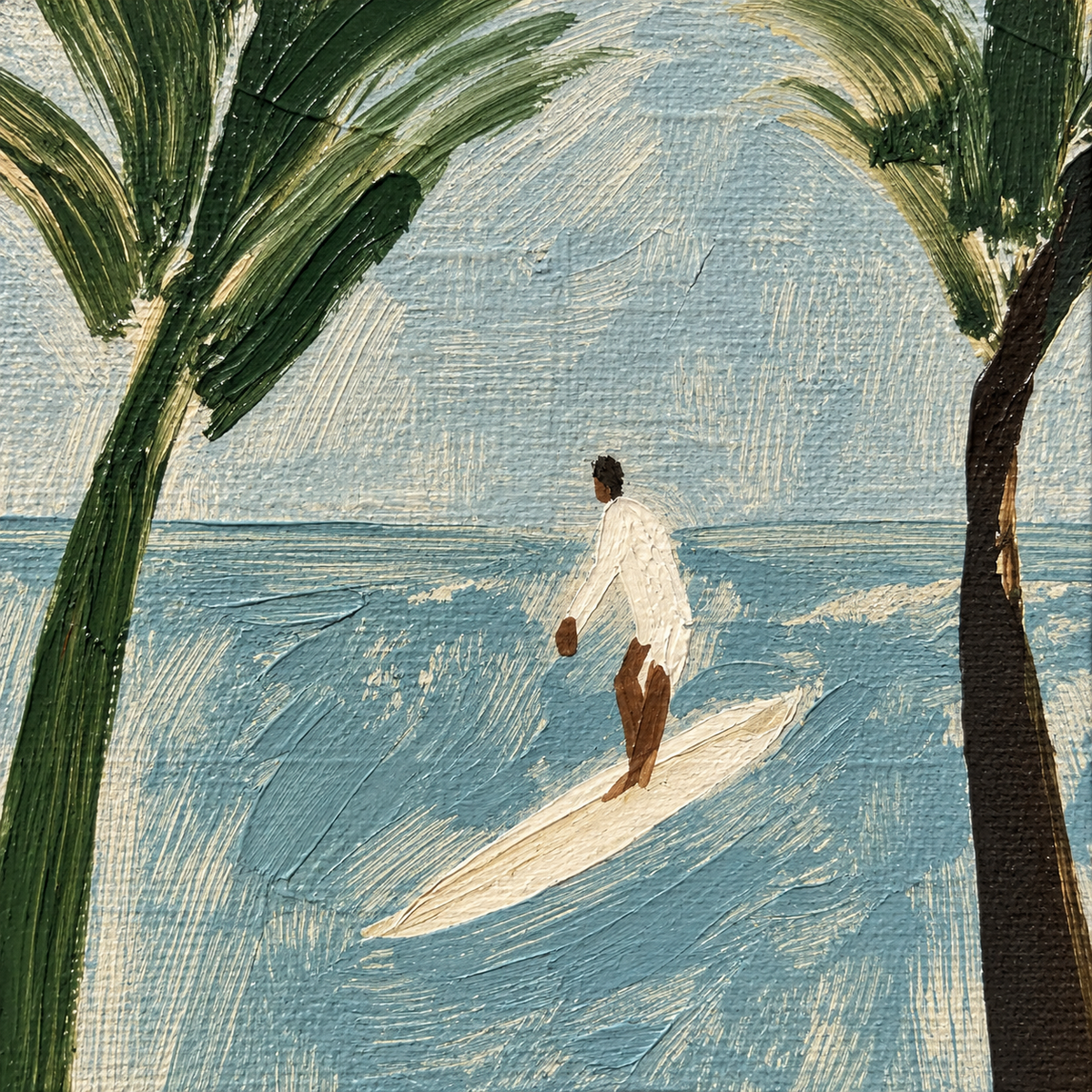 Surfer And Palm Trees Canvas Painting Modern Blue Beach Wall Art