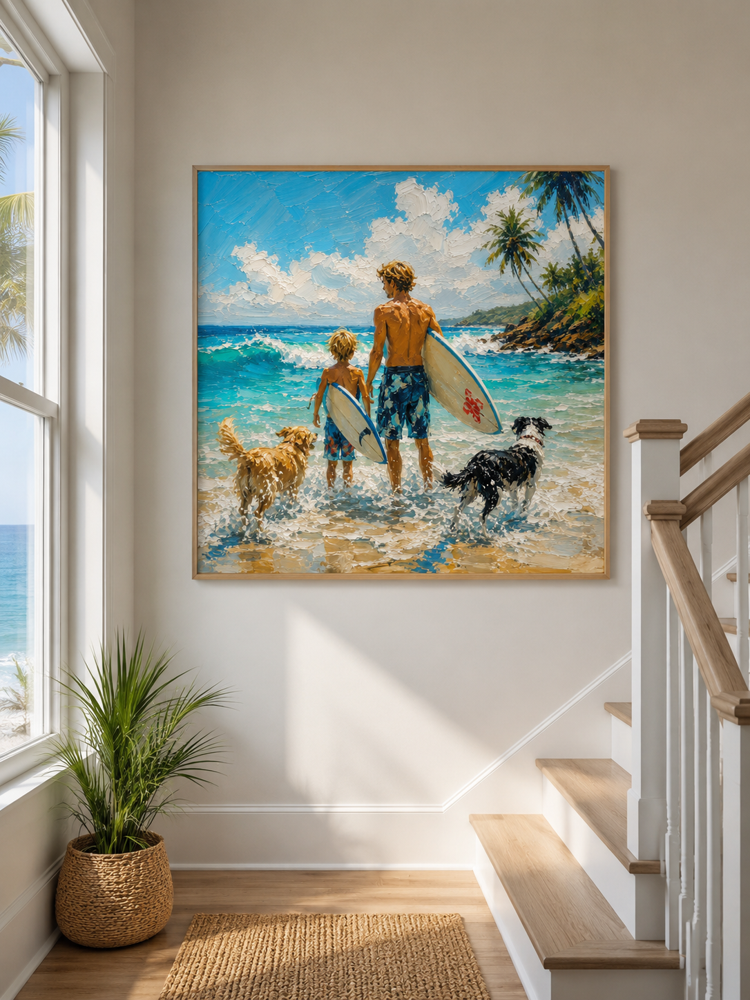 Coastal Vacation Wall Art Father Son Surfing Oil Painting With Dogs For Beach House Decor