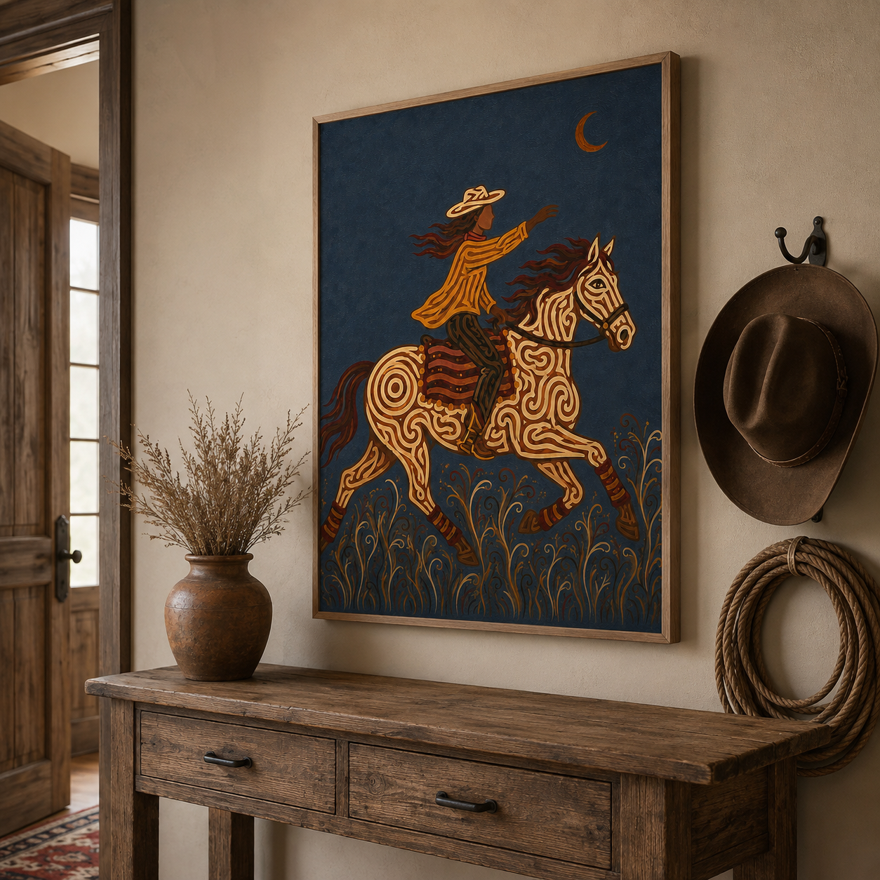 Wild West Cowboy Riding Horse Painting, Rodeo Western Wall Art, Southwestern Ranch Decor