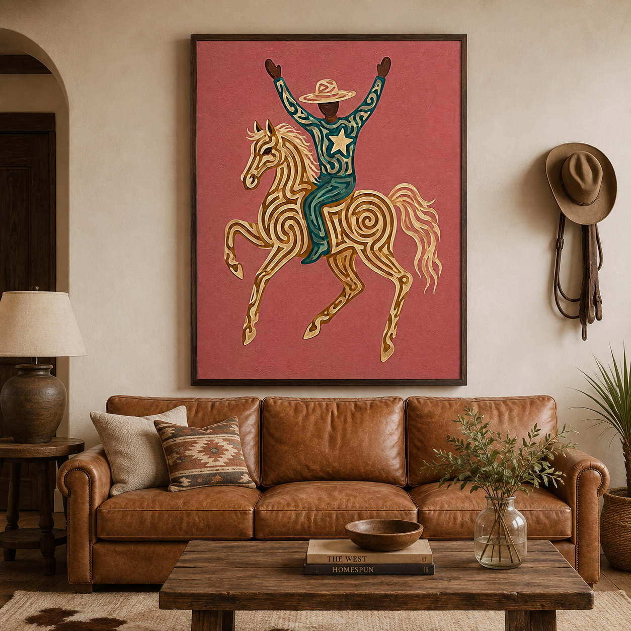 Modern Western Wall Art, Cowboy On Horse Canvas , Pink Background Wild West Painting