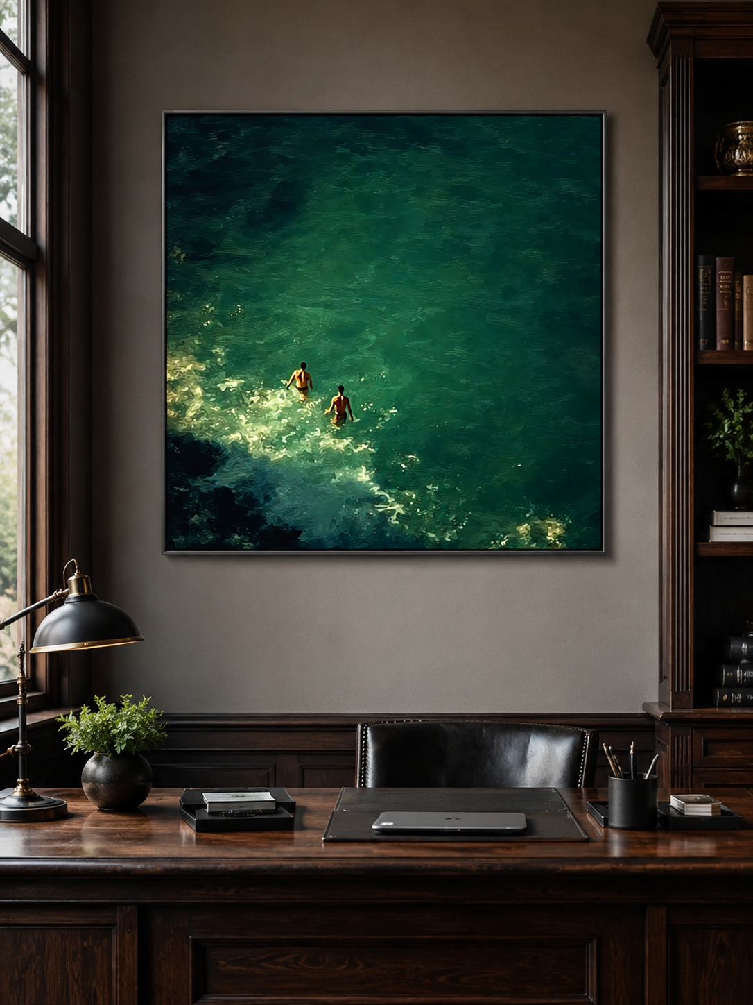 Emerald Green Ocean Painting Impressionist Swimmers Vintage Coastal Canvas Art For Living Room