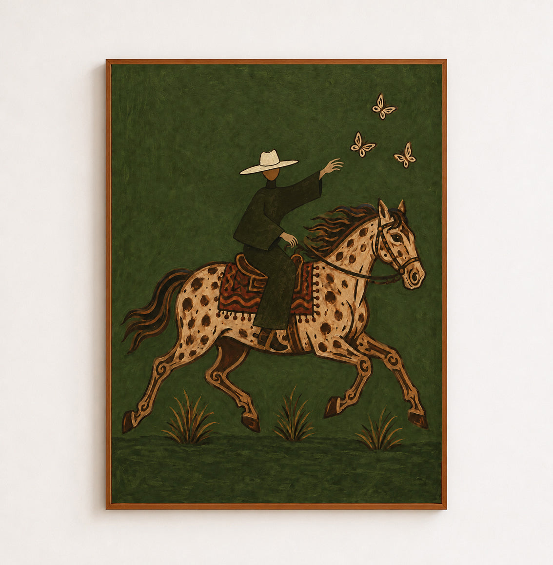 Cowboy And Spotted Horse Canvas Painting With Butterflies In Green