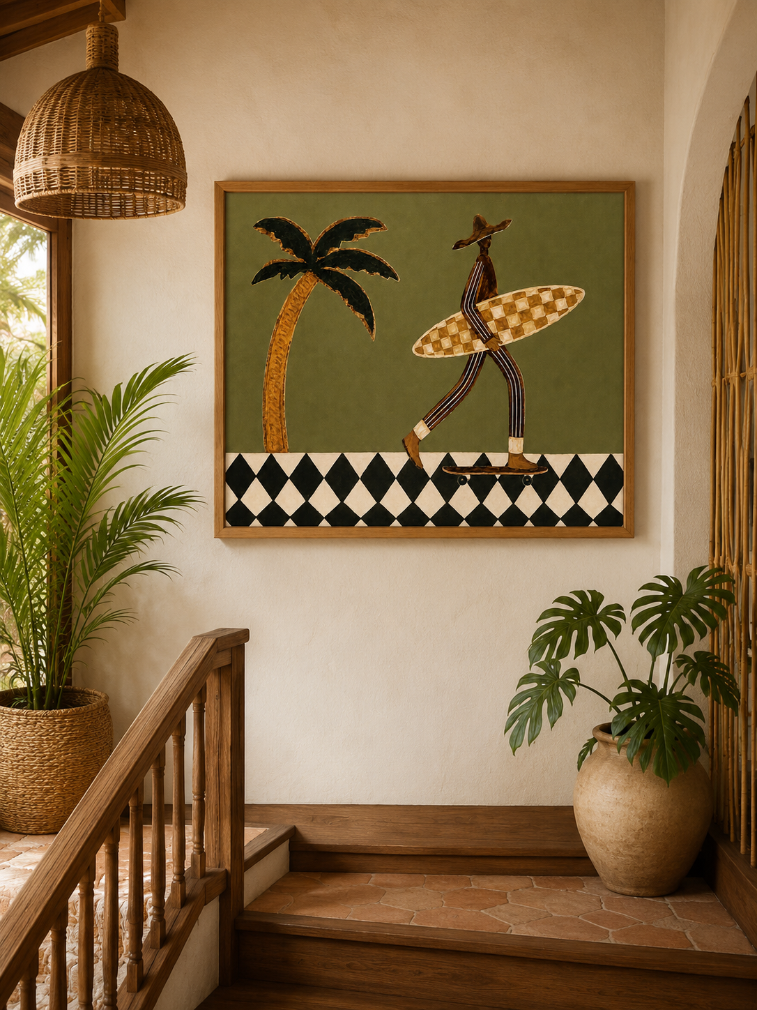 Retro Surf Art Print With Palm Tree And Checkerboard Pattern For Modern Home