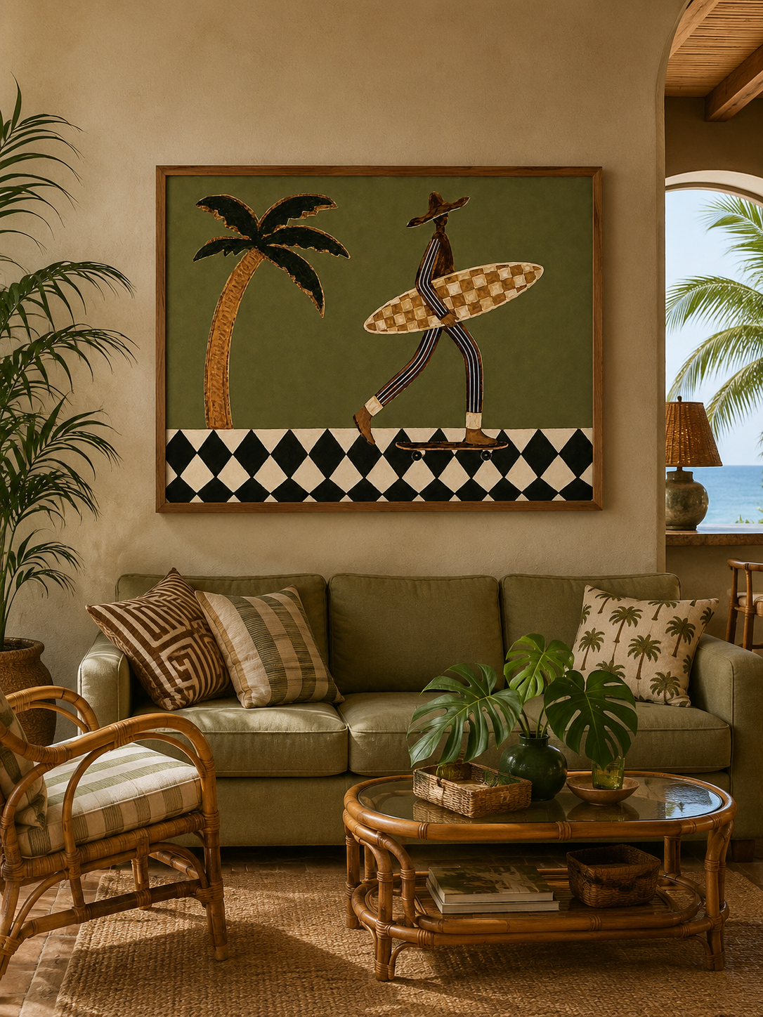 Retro Surf Art Print With Palm Tree And Checkerboard Pattern For Modern Home