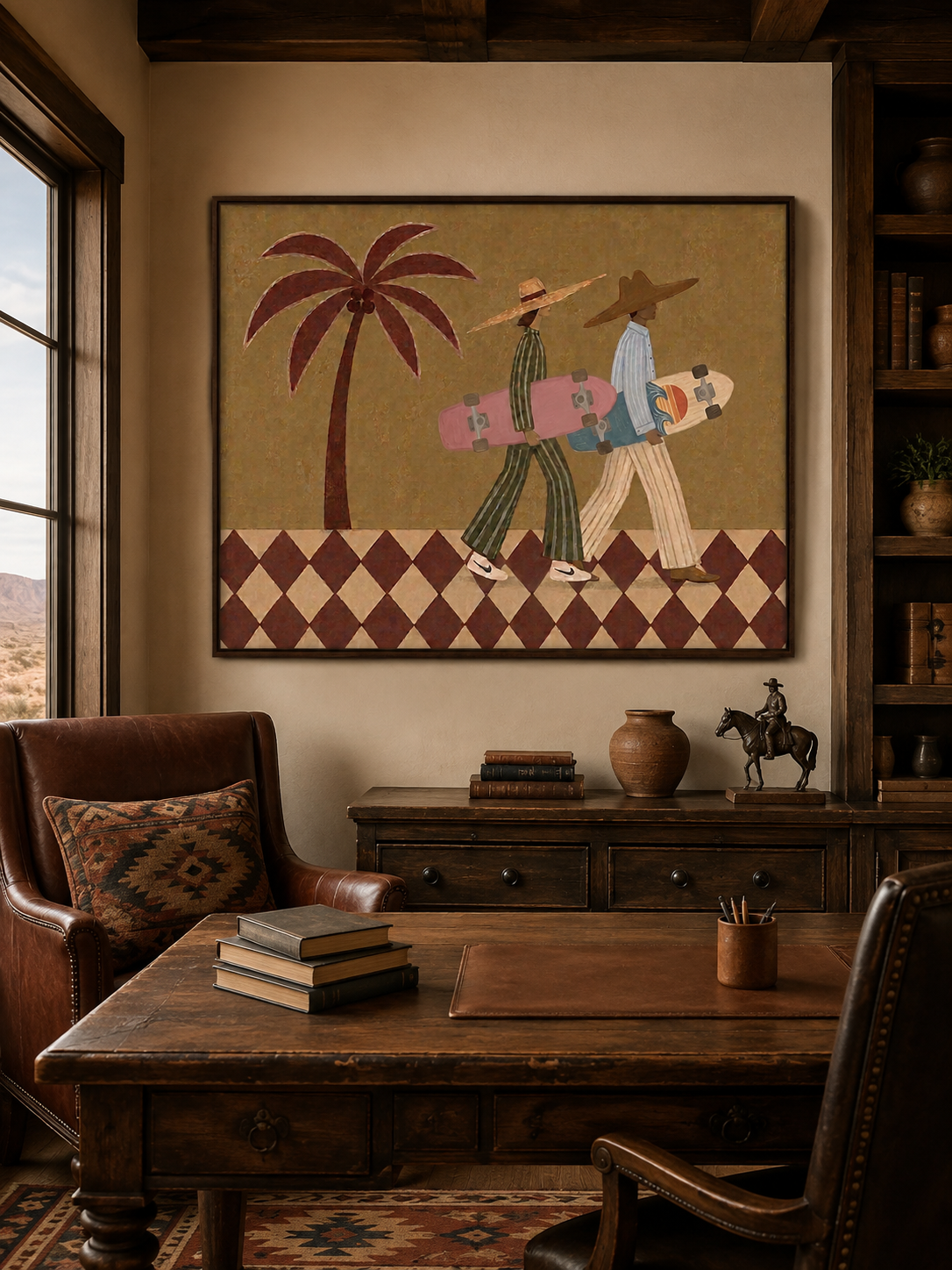 Vintage Skateboard Art With Palm Tree In Warm Brown Tones For Modern Home Decor